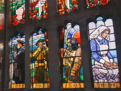 This beautiful stained glass window was commissioned for the Soldiers’ Tower and dedicated on November 6, 1995. 