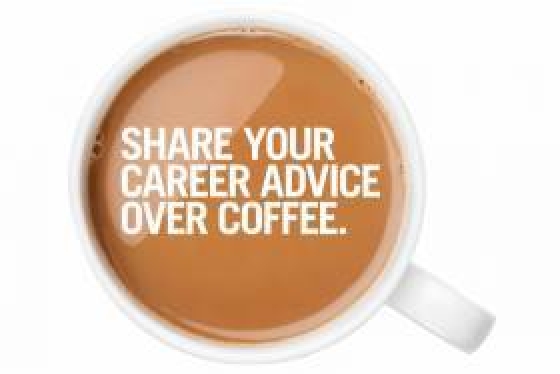 The words Share your career advice over coffee appear in a cup of coffee.